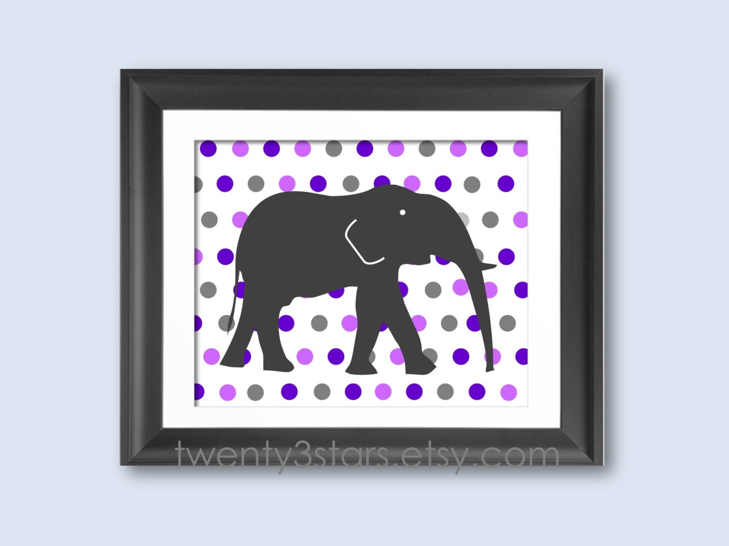 8x10" Polka Dot Elephant Print, You Choose the Colors, Wall Art Unframed, Perfect for a Nursery or Baby Shower shown in grey and purple