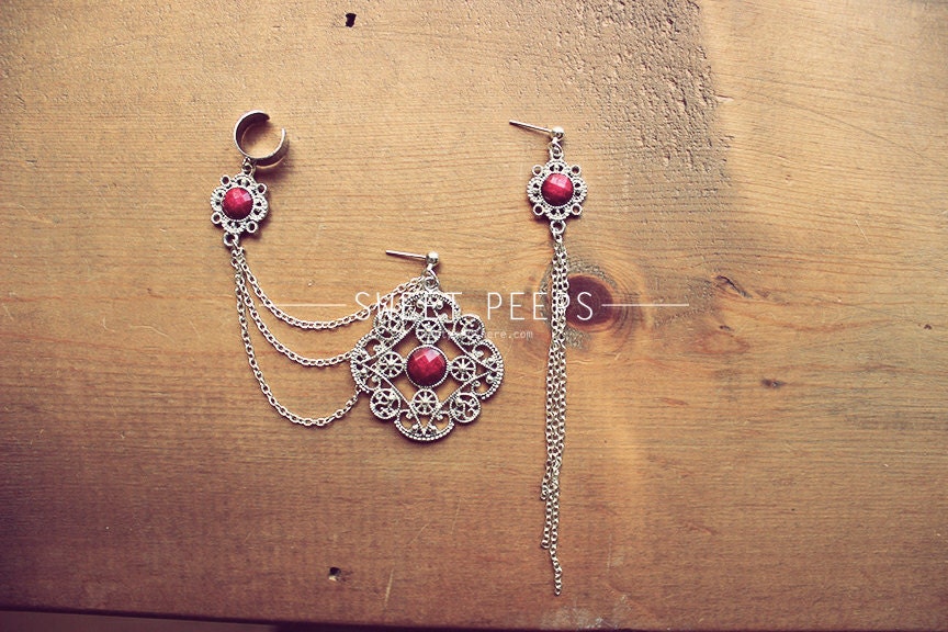 Silver Exotic Dangling Ear Cuff Set with Delicate Red Stones