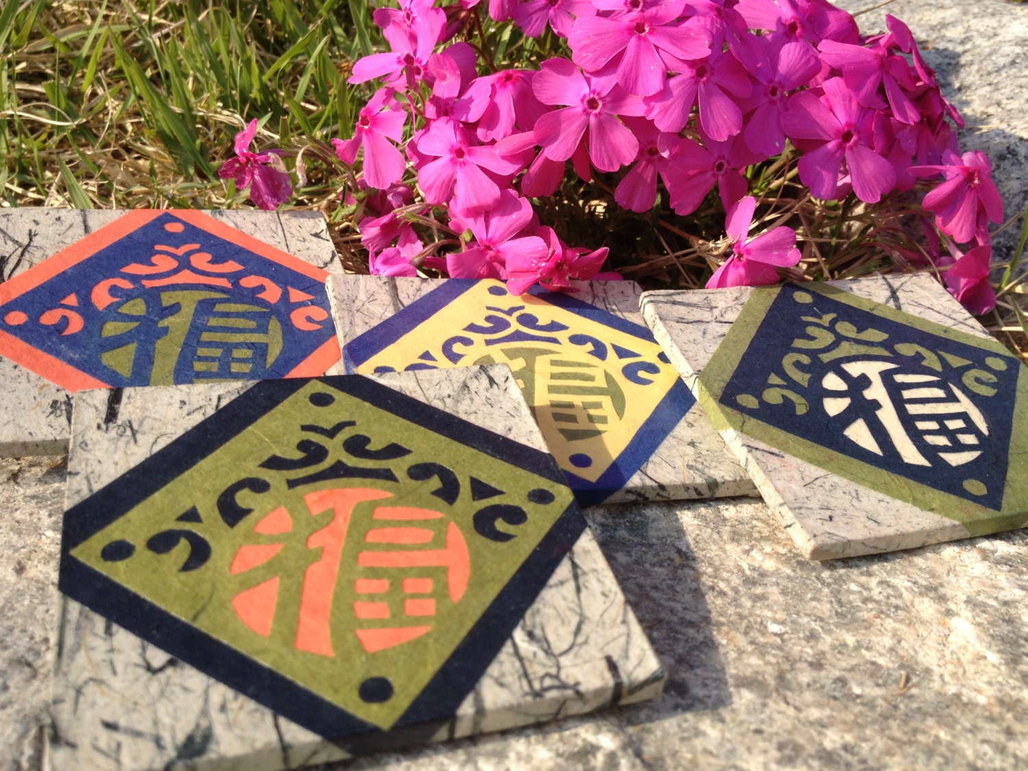 Handmade Hanji Paper Magnets, Chinese character "FÃº" Good Luck Fortune (set of 4) - HanjiNaty
