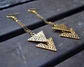 Triangle Dangle Antique Gold and Brass Statement Earrings - Tribal Aztec Edgy Earrings