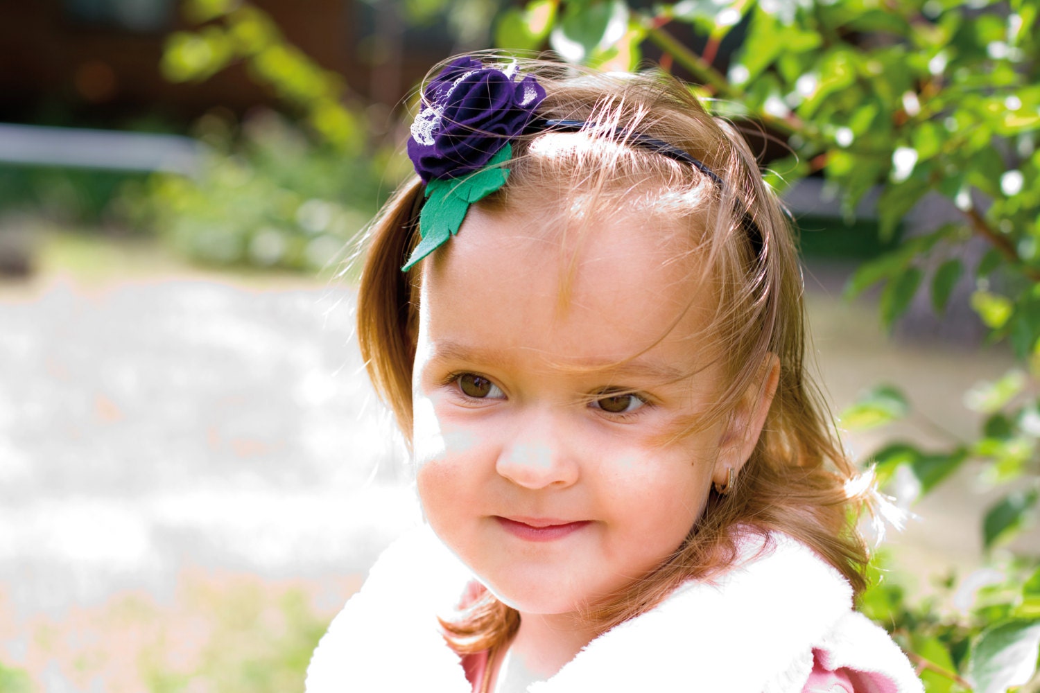 Purple Girls Hair Hoop - Flower Hair Piece - Purple Violet and Green - Spring and Summer Flower