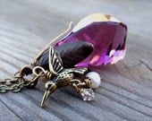 Bronze Purple Amethyst Swarovski Crystal Pendant with Hummingbird Freshwater Pearl Charm Handmade Long Nature Necklace