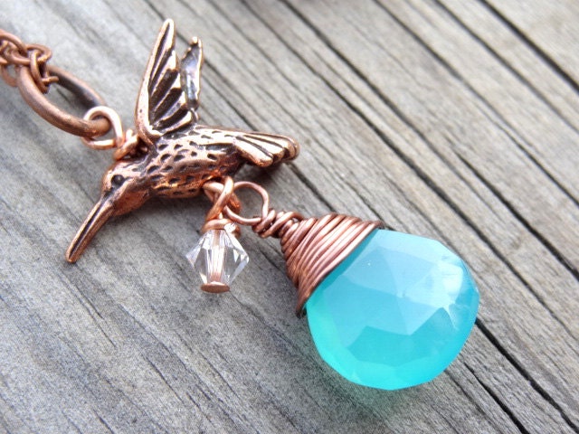 Copper Hummingbird Bird Aqua Blue Chalcedony Wire Wrap Crystal Bead Pendant Handmade Necklace