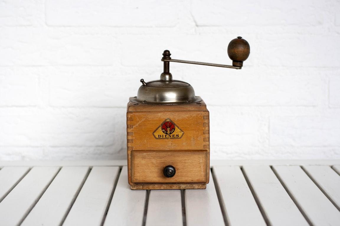 Large Vintage Circa 1940s Wooden Coffee Grinder Honey with Dovetail Finish by PE DE Diennes