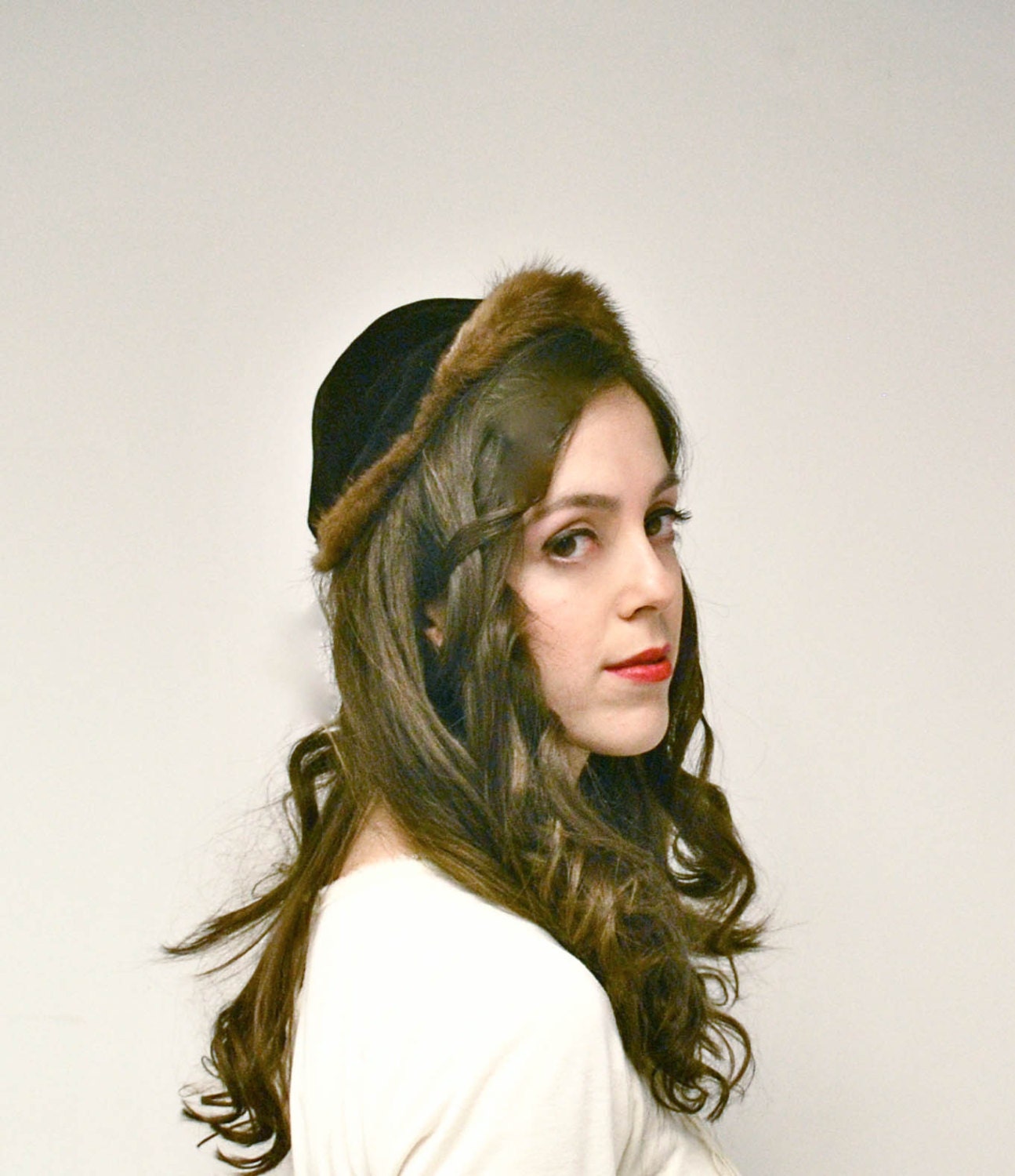 Vintage 1950s Hat: 50s Half Hat, Brown Close Hat/ Calot with Mink Trim, Mary Margaret