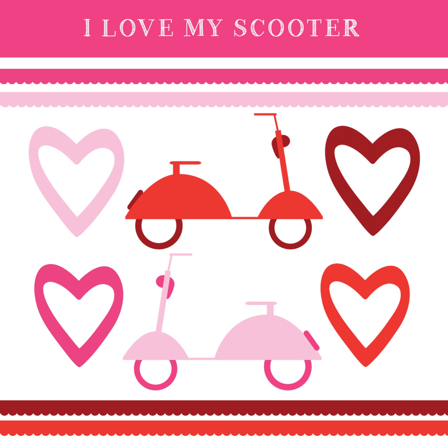 INSTANT DOWNLOAD // Digital Scrapbook Scooter and Heart Clip Art, Borders // Valentine's Day // Pink and Red // Commercial and Personal Use Il_170x135