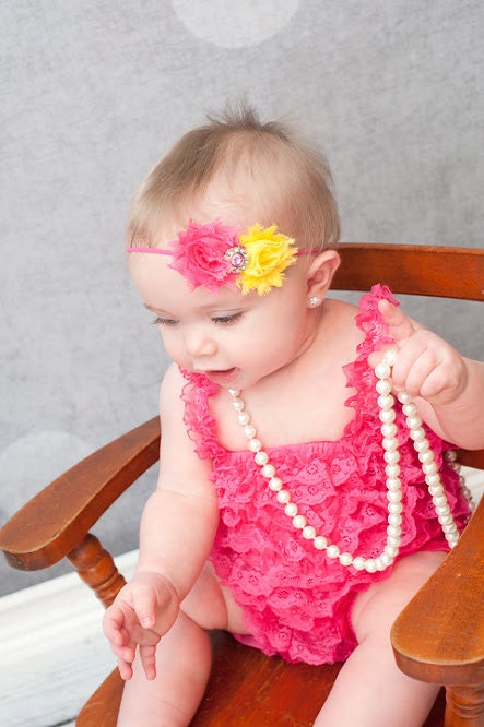 Strawberry Lemonade Baby Headband, Hot pink and Yellow Shabby flower Headband, Baby bow, newborn headband, toddler girl