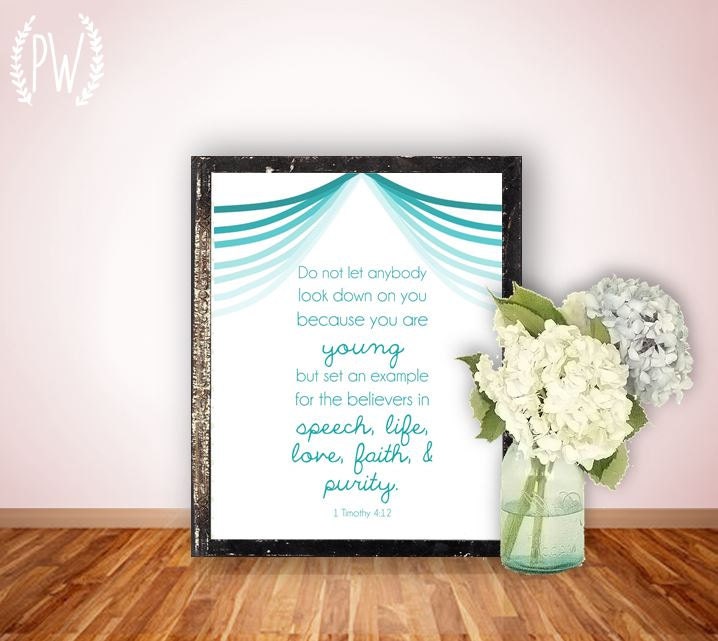 Nursery Bible verse print, children, Scripture printable wall art decor poster - Inspirational quote 1 Timothy 4:12, digital