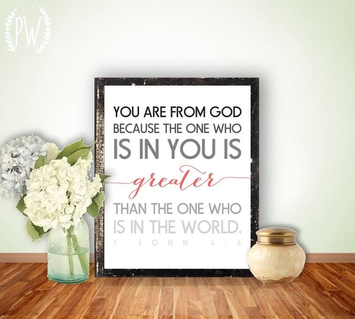 Bible Verse printable Scripture Print Christian wall art decor poster, inspirational quote typography - 1 John 4:4  - digital