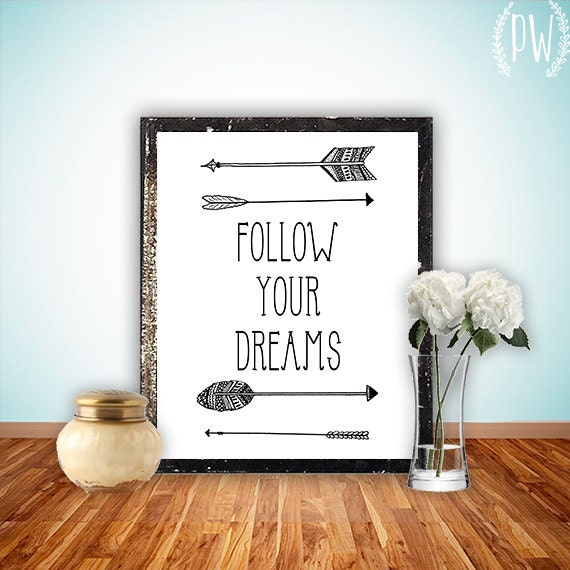 Quote Print, Printable Children's art, wall decor arrows, Nursery whimsical hand drawn, digital typography - Follow your dreams