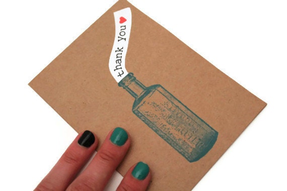 Thank You Card. Message In A Bottle. Black, White, Blue, Red, Brown. Hand Painted Card.