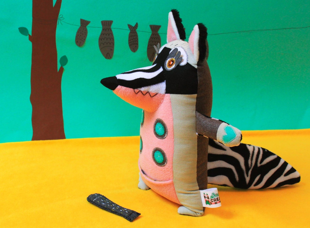 Albert the big racoon, handmade plush animal, pink with stripes