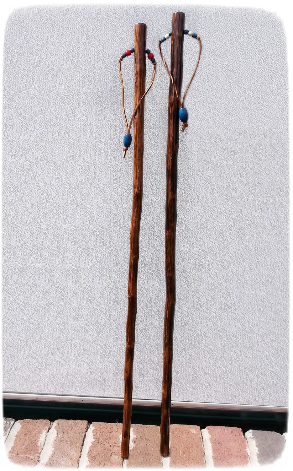 His & Hers Hiking Sticks - his and hers, outdoors, nature, trails, wooden, beads, wedding gift, bridal gift, camping, walking, couple