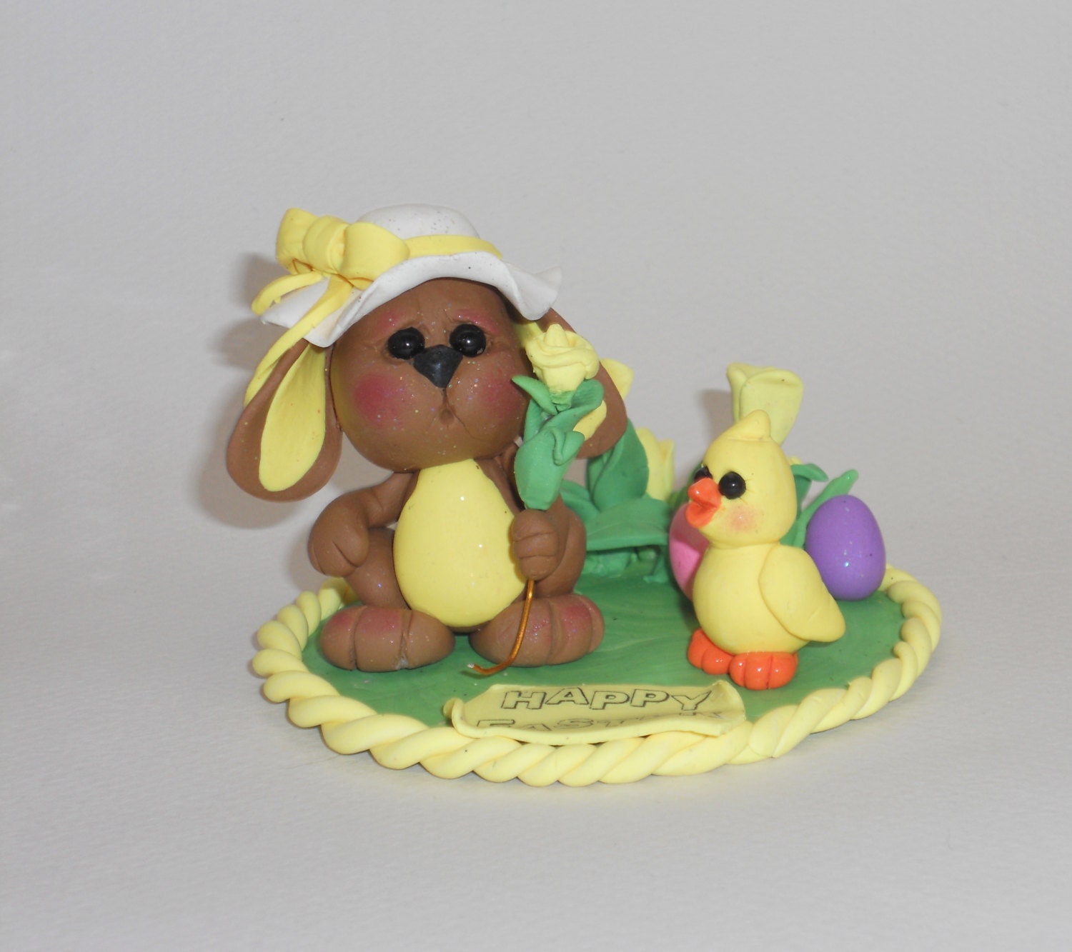 Cute Easter Bunny and chick polymer clay decoration figurine