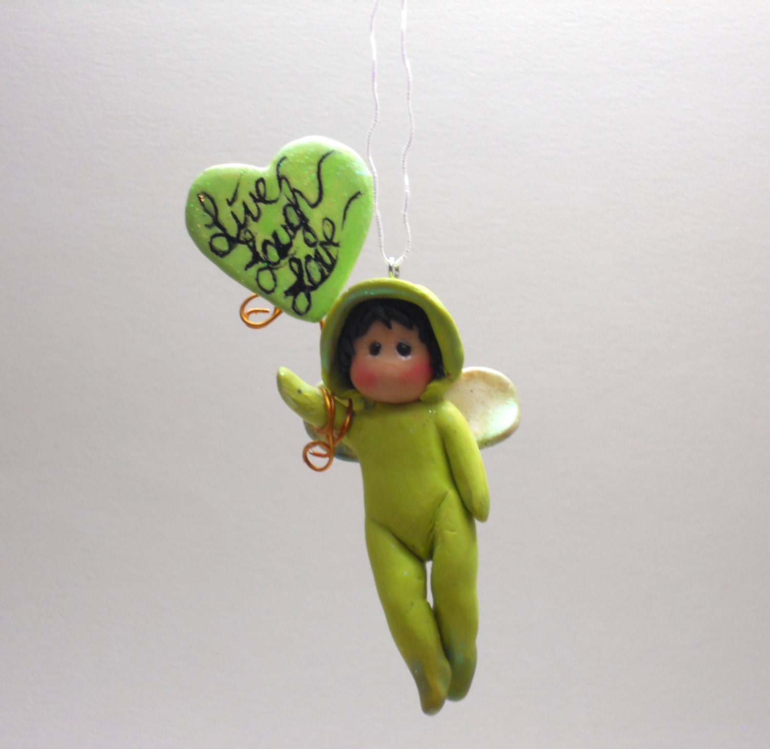 Polymer clay cupid fairy with heart message hanging ornament gift or keepsake