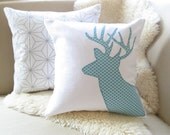 Deer Pillow Cover, 18 x 18 Buck Antler Appliqué, Summer Decor, Modern Geometric White & Aqua Blue, Woodland, Lake House Decor, Cottage Chic