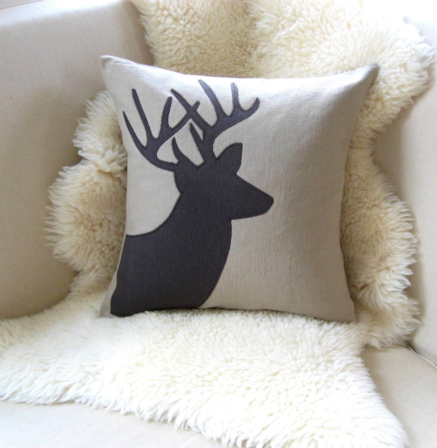 Deer Pillow Cover, Antlers Appliqué Silhouette, Sandstone Beige & Espresso, 18x18, Luxe Lodge, Rustic Chic, Woodland, Lake House/Cabin Decor