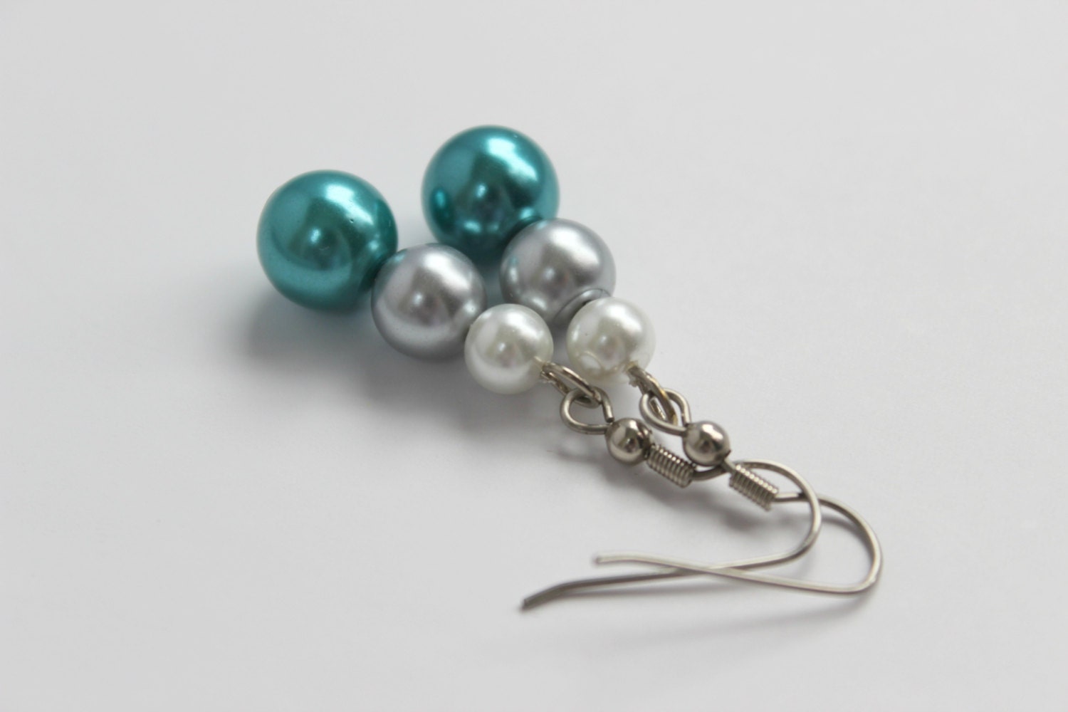 White, Gray, and Turquoise Pearl Beaded Dangle Earrings - Handmade Jewelry - Ready to Ship