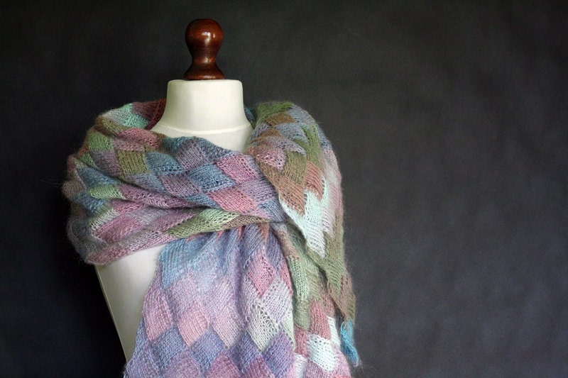 Multicolor hand knit scarf, scarf entrelac,technique Entrelac, knit shawl, shawl wrap, scarf wrap, shawl entrelac, pastel colors, knit stole