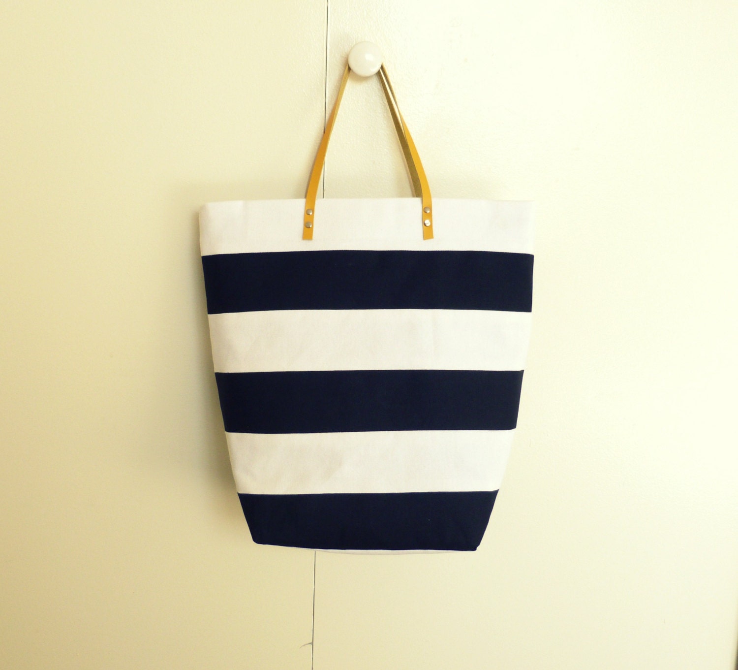 Striped Canvas Bag - Black and White Bag - Black and White Stripes - Stripy Bag - Canvas Tote - Yellow Leather Handles - Tote Bag