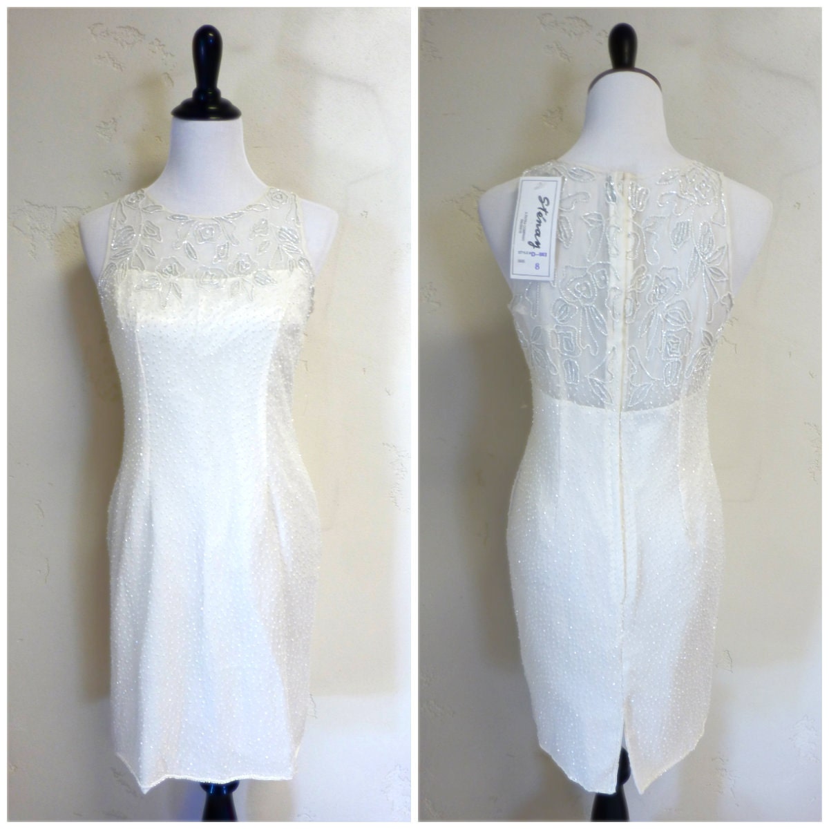 Vintage with tags STENAY Beaded White Dress Cocktail Wedding Medium Sheer Silk NOS Deadstock Spring Summer