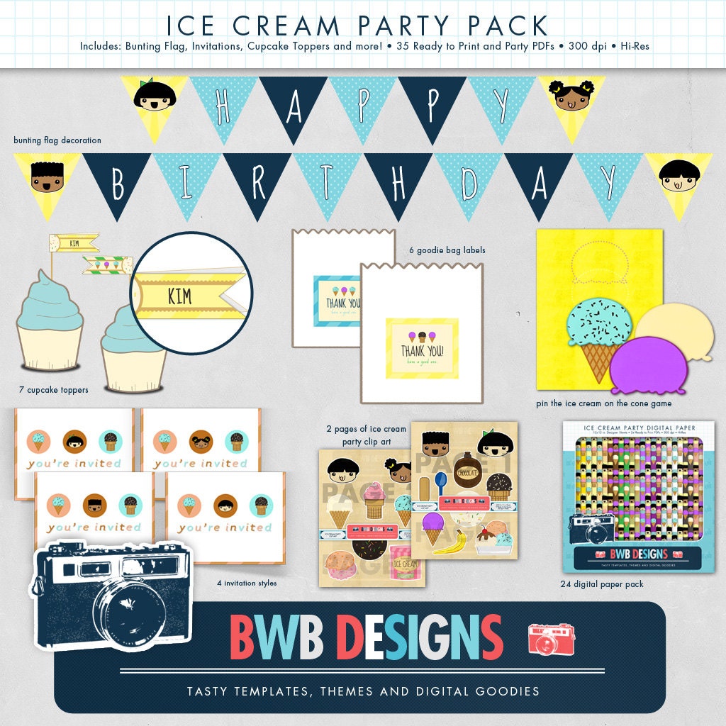 Happy Birthday Decorations Ice Cream Party Pack - Print Your Heart Out