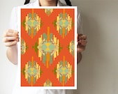 Ikat - Tribal print 11"x16" - A3 print - Hands drawing base - Art poster - Sunny green orange - Geometric