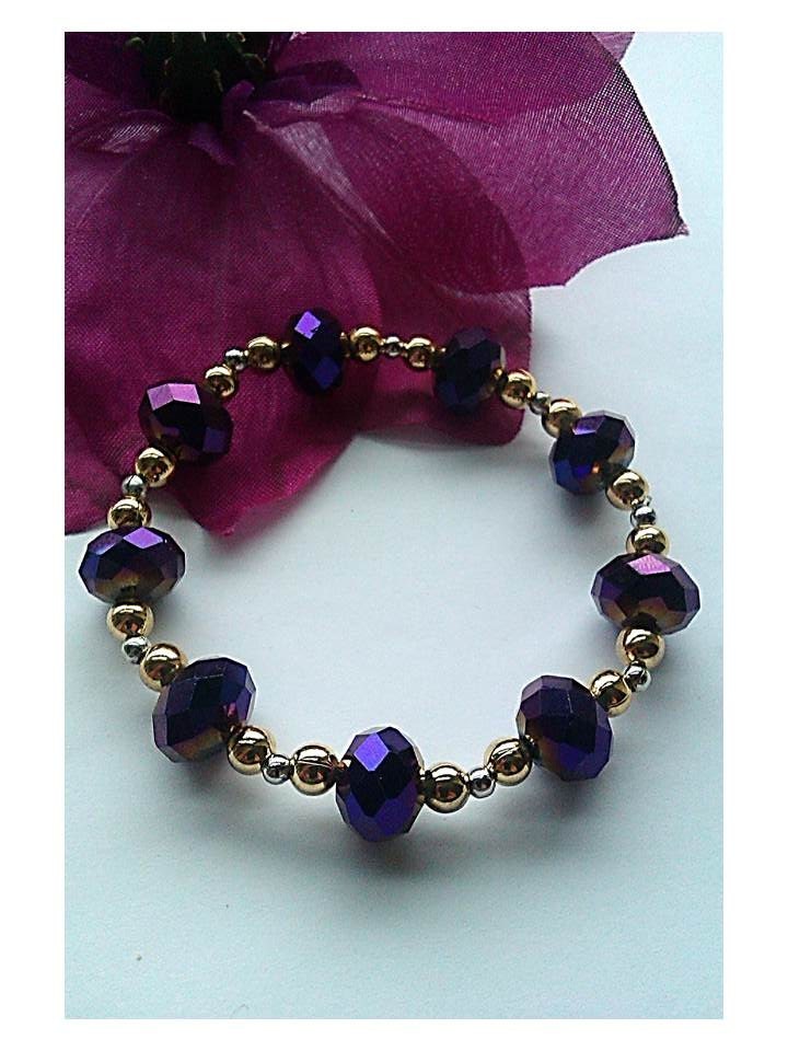 Purple Crystal,Gold Plated And Silver Plated Bead Stretch Bracelet