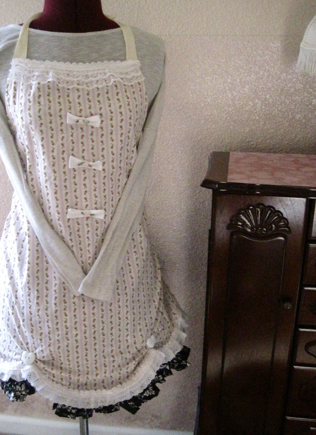 Lovely Floral Pinstripe Apron with Bows and Lace // Lolita (SALE 25% OFF)