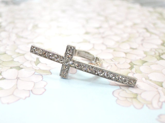 Rhinestone Sideways Cross Ring Double Finger Ring - SILVER