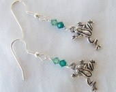 Frog earrings, Dangle frog earrings, green Swarovski crystal earrings with frogs