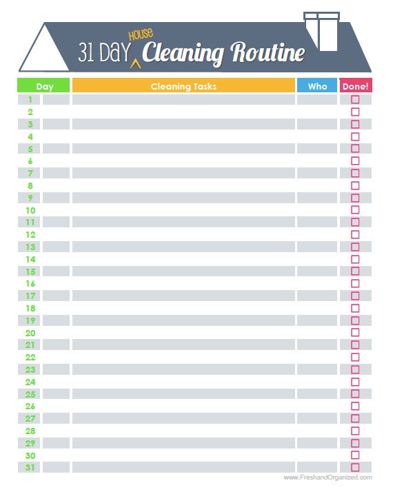 31 Day House Cleaning Routine or Schedule - Printable and Editable Organizing PDF - INSTANT DOWNLOAD