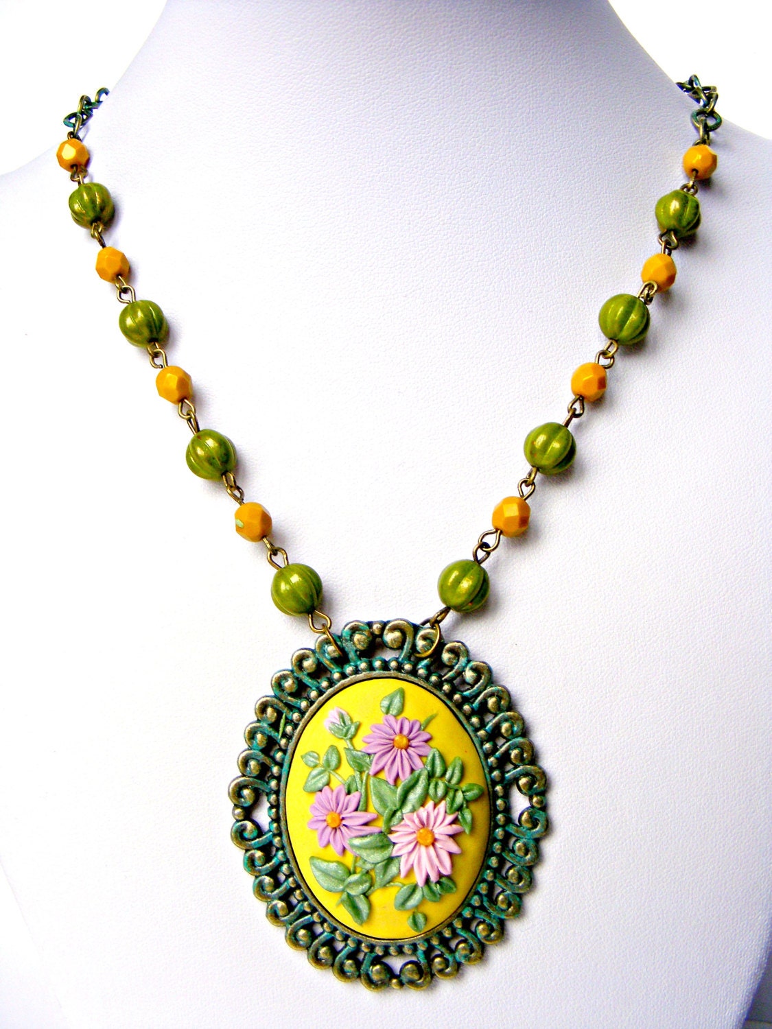 Pink Flower Necklace, Vintage Style Green Yellow OOAK Necklace, Vintage Jewelry, Polymer Clay Jewelry, Green Yellow Czech Bead Necklace