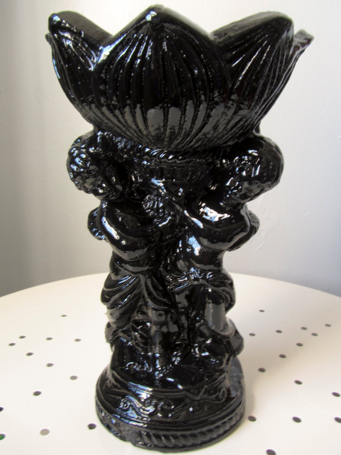 Upcycled Pair of Black Lacquered Ceramic Cherub Statutes/Candle Holders