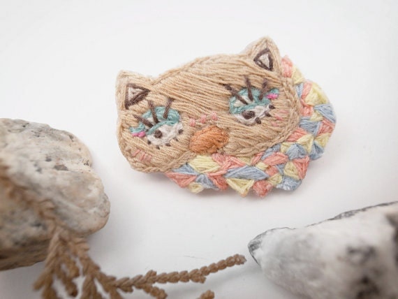 Mrs.Missy Twinkyz Cat with her pastel Geometric Hand Embroidery Brooch - Cat Brooch - Character Brooch - Kitty Brooch - fall