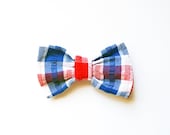 Red White and Blue Plaid Bow Tie Clip- Newborn, Infant, Toddler, Boy