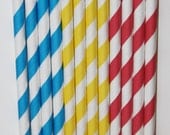 50 Dr. Seuss Inspired yellow red aqua Blue Stripe straws paper straws birthday party wedding cake pop sticks Bonus diy straw flags