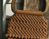 Vintage 1970s brown macrame handbag with wood handle
