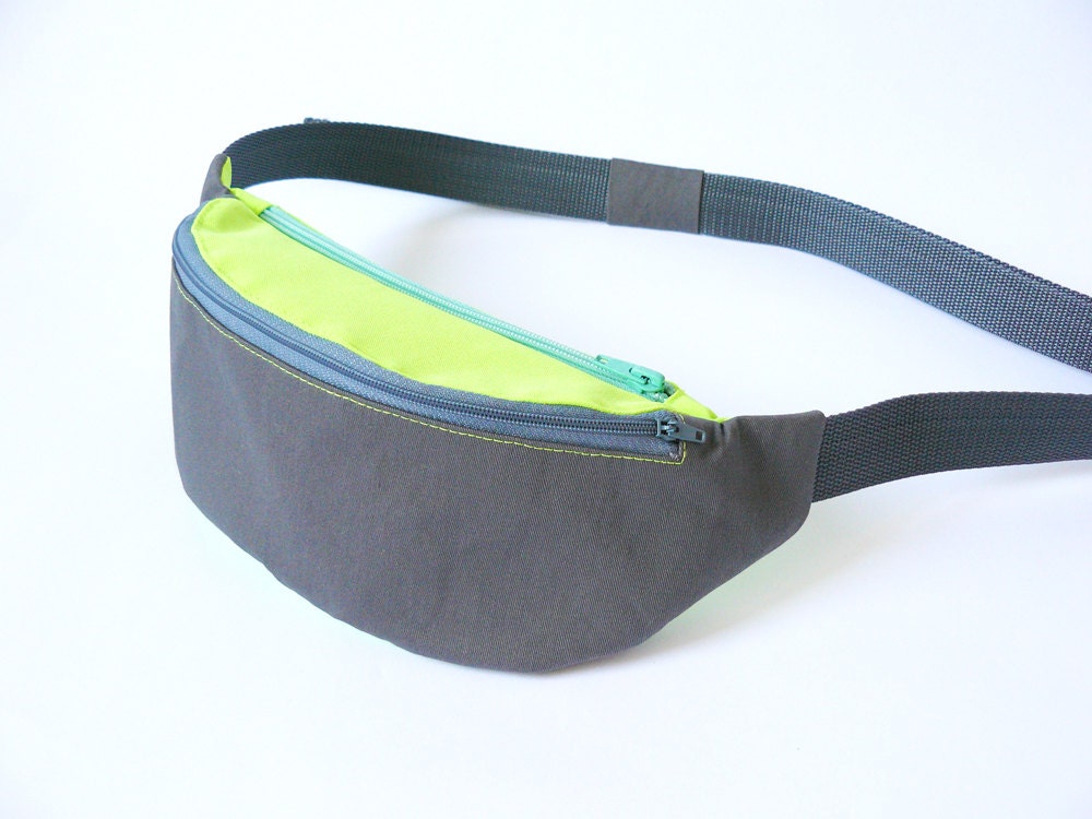 Fanny pack waist bag belt bag hip bag by BartekDesign Spring Summer collection - neon lime apple green gray grey festival bag