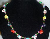 Chain of Roses Necklace Multicoloured Fimo Polymer Clay Roses with green and pink acrylic beads OOAK Unique Necklace
