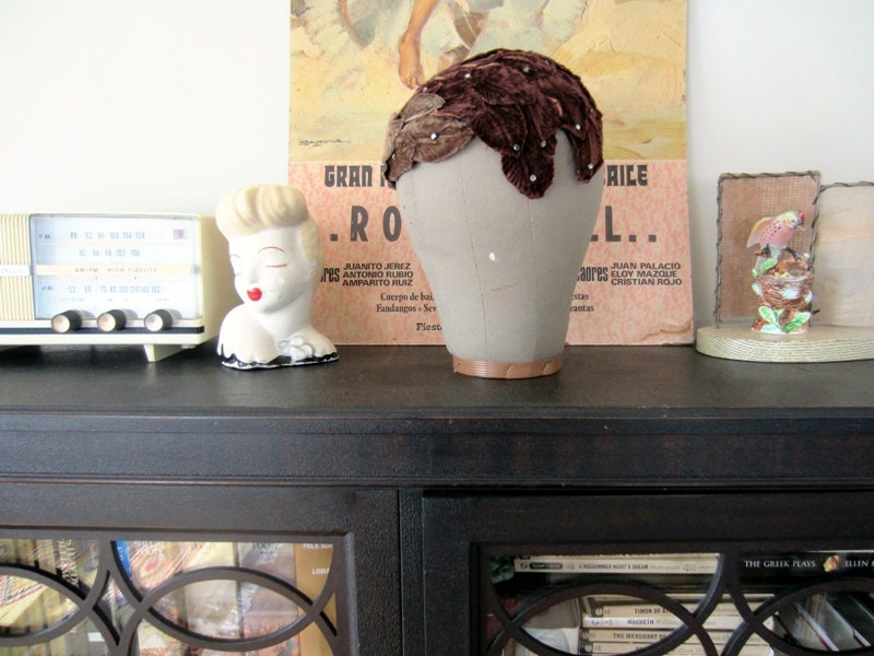 1950s velvet hat  / 50s brown and tan hat / vintage hat with leaves and rhinestones