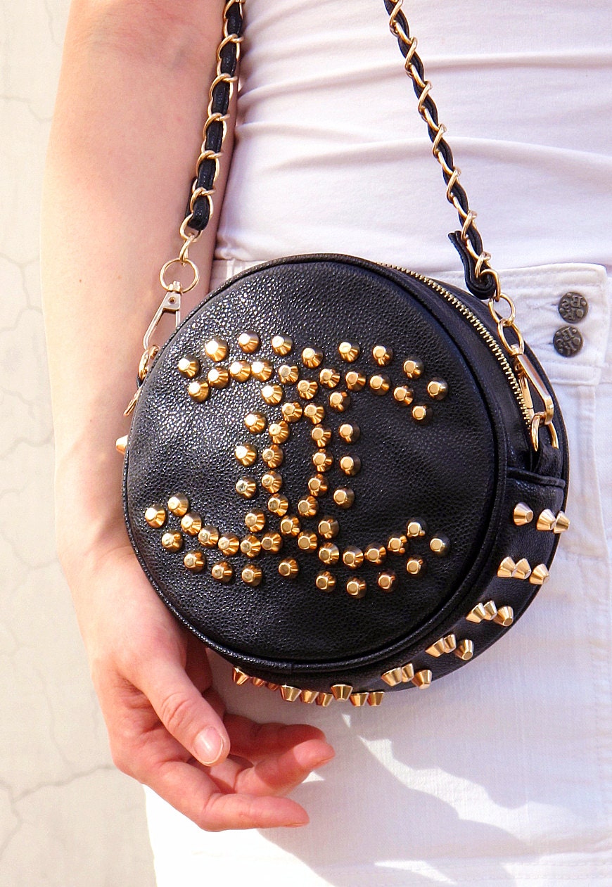 Round Bag - Black - Vegan Leather - Golden Chain Strap Rock Rivets Spiked Bolt Stud Logo Shoulder Bag Purse Handbag - Women - Handmade