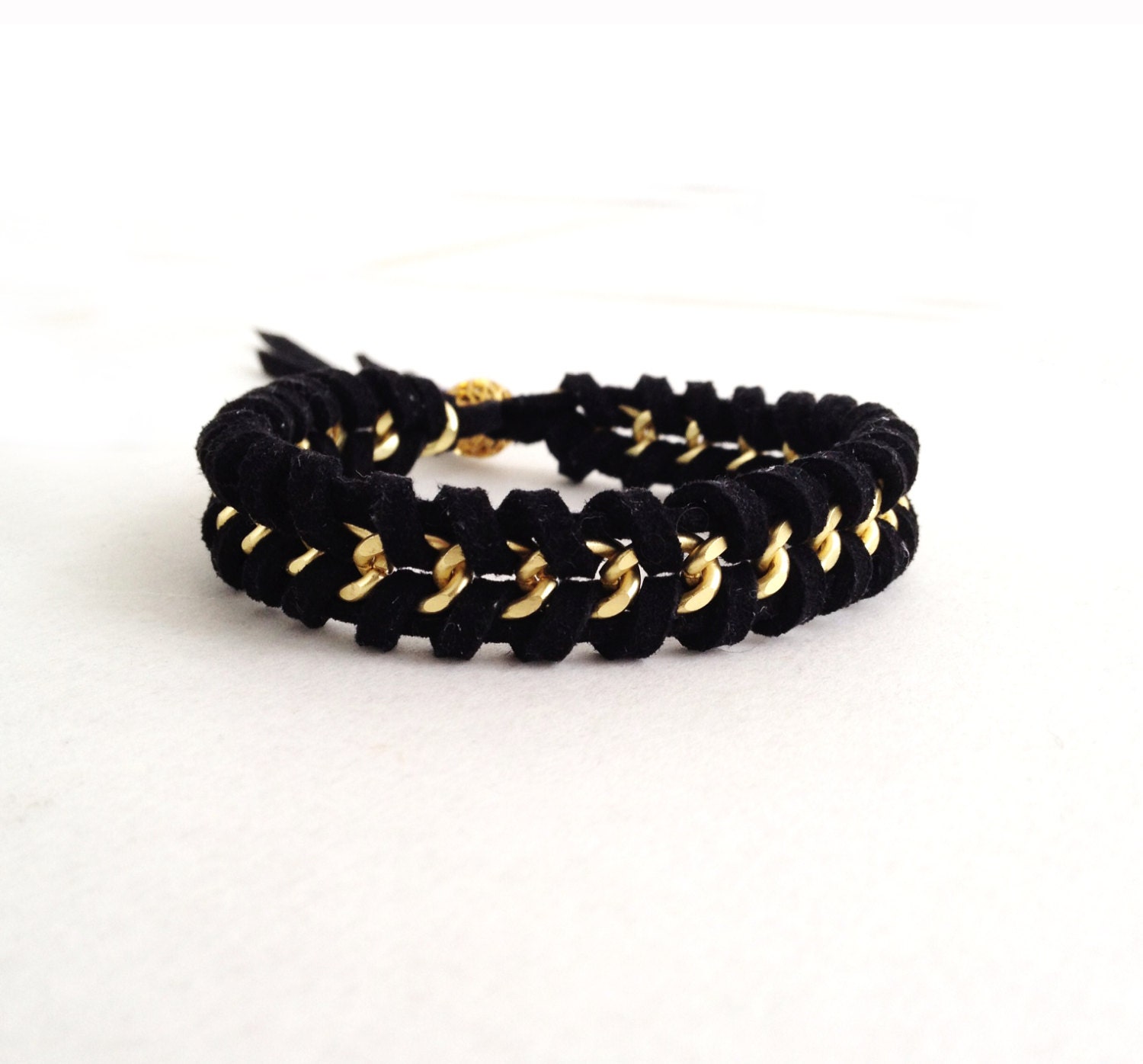 Suede and Chain Woven Arm Candy Bracelet - Chevron Woven Style on Matte Gold Chain