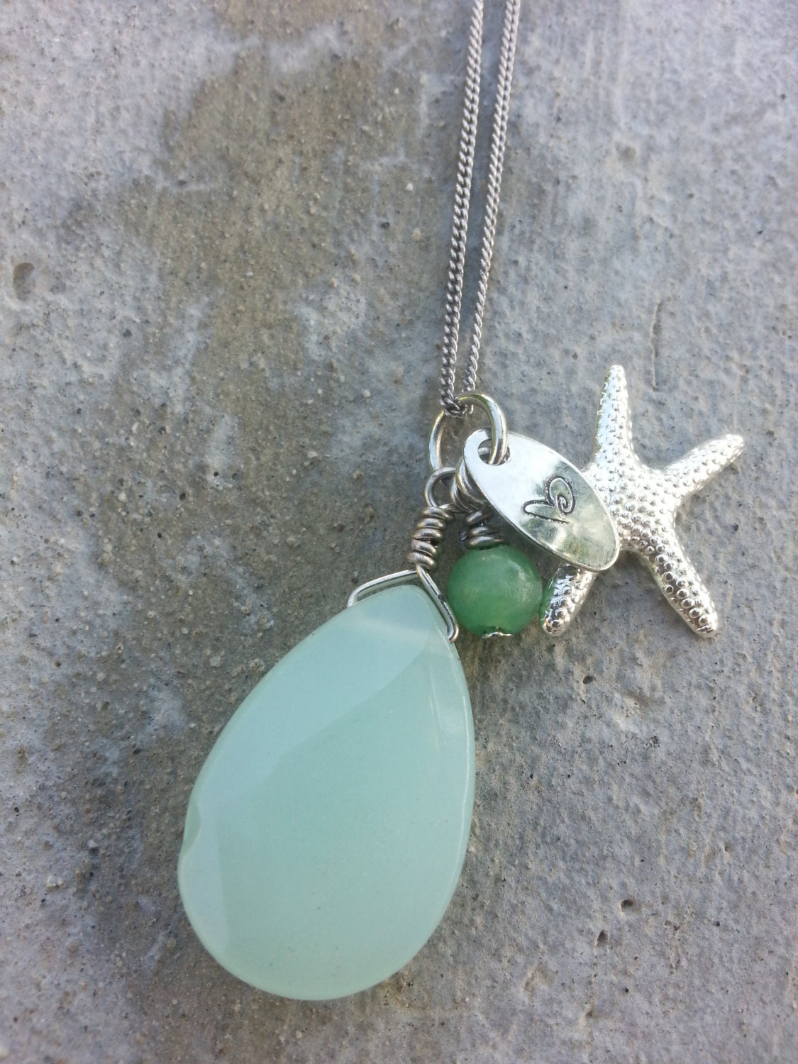 Seafoam Chalcedony Faceted Briolette Tear Drop Starfish Necklace, with stamped charm and green bead charm
