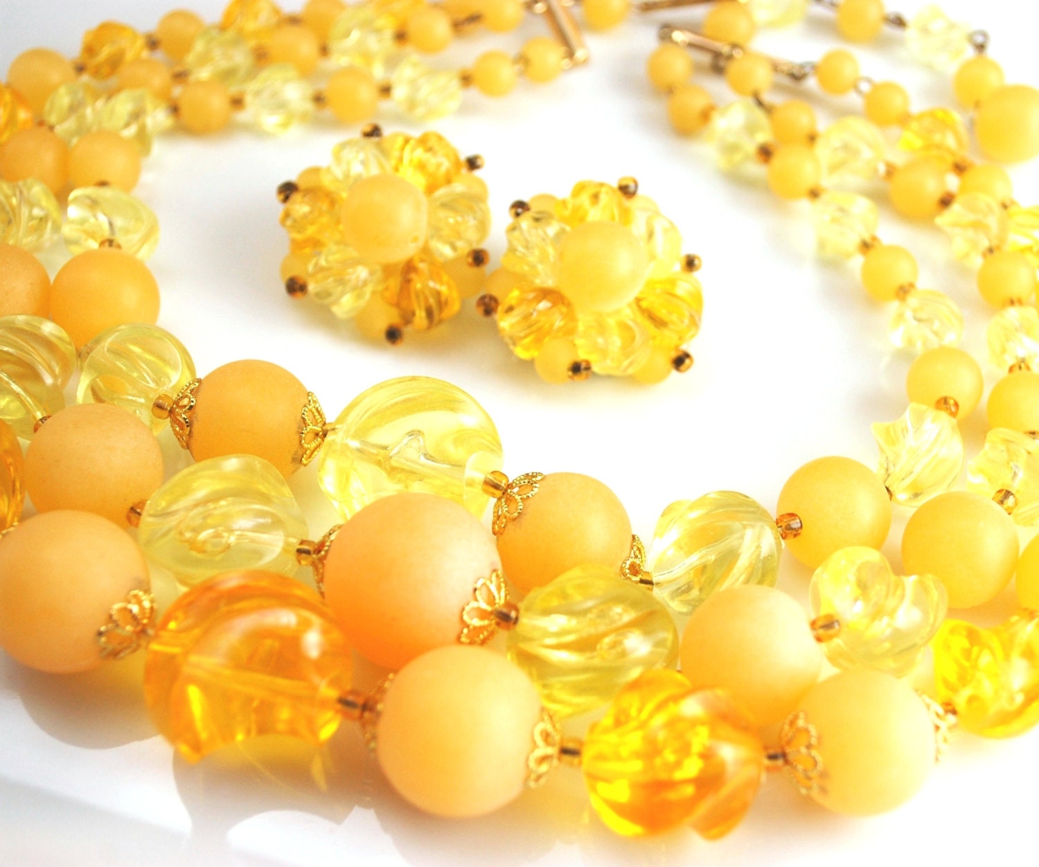 Vintage Jewelry Set, Cluster Earrings, Multi Strand Bib Necklace, HUGE Yellow Orange Lucite Beads, GERMANY, 1950s 1960s Mad Men Jewelry