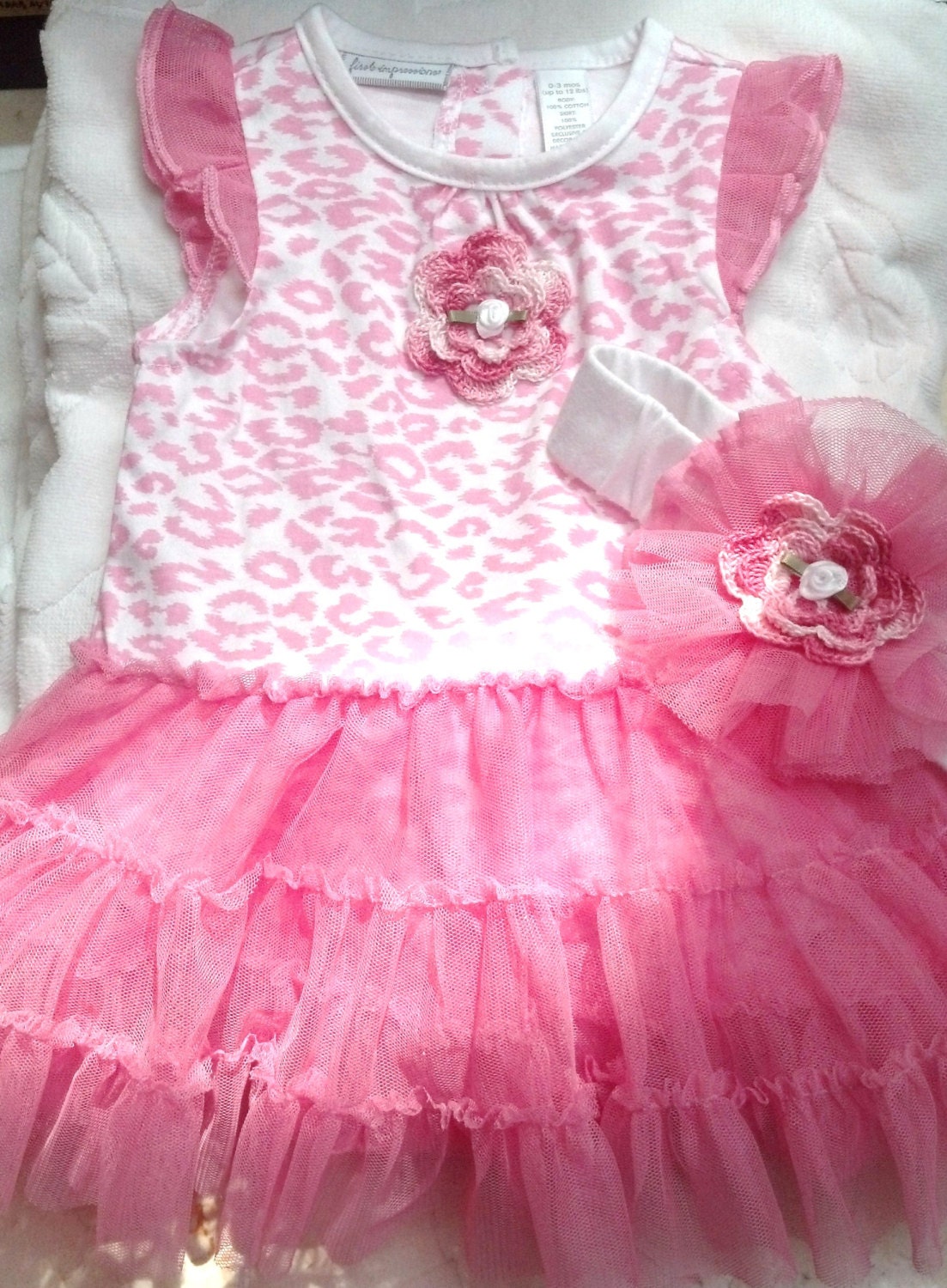 Girls Baby Infant Pink Cheetah 2 Piece Set (Bodysuit Tutu, Headband) - Handmade Irish Roses - Sizes 0-3, 3-6, 6-9 months