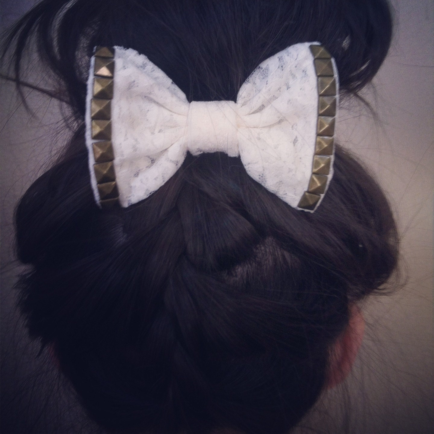 Studded Lace Hair Bow in Cream