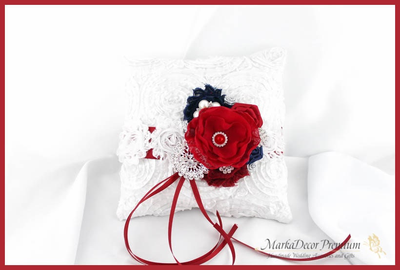 Wedding Ring Pillow with Brooches Crystals Handmade Flowers in White, Red Brick and Navy 1pc
