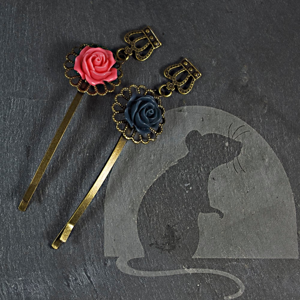 Set of Two Antique Brass Bobby Pins Pink Dark Gray Rose Resin Cabochons Crown Charms Wedding Bridesmaids Birthday Gift Hair Accessory
