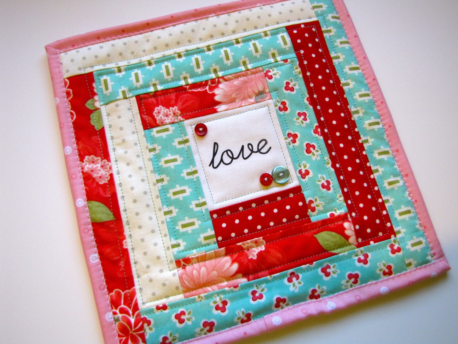 love mini quilt, inspirational quilted mug rug, mug mat, made to order